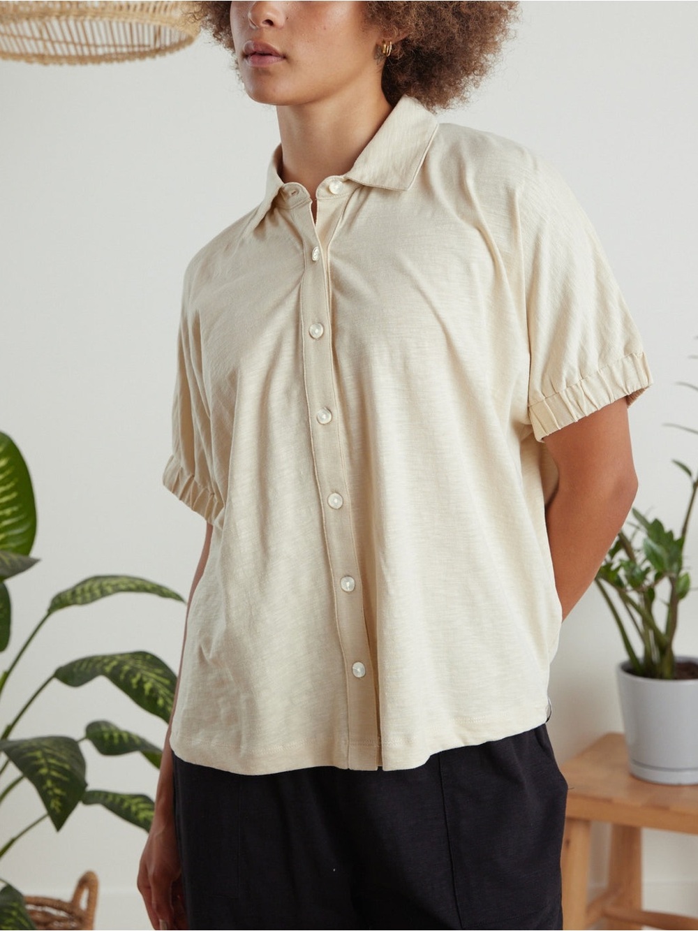 KNOWN SUPPLY alora button up top XL cream pearl sustainable organic cotton
